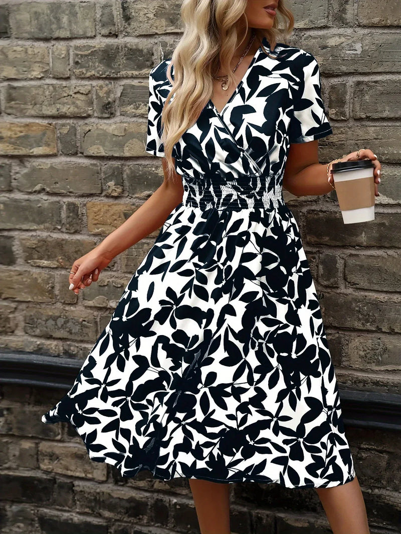 Damen Sommerkleid mit Blumenmuster - Elegantes Freizeitkleid-M-Schwarz-Luzern Mode