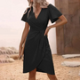 Kleid Damen Elegant Knielang mit Puffärmeln für Büro-Schwarz-XS-Luzern Mode