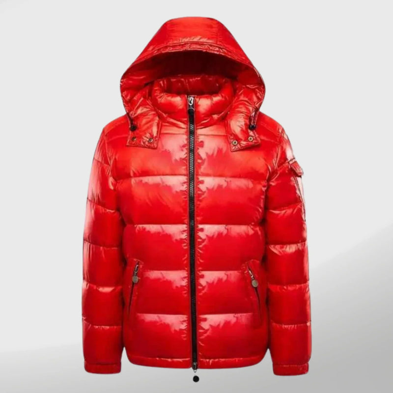 Winddichte Herren Pufferjacke | Gepolstert | Glänzend | Kapuze | Einfarbig-Rot-S-Luzern Mode