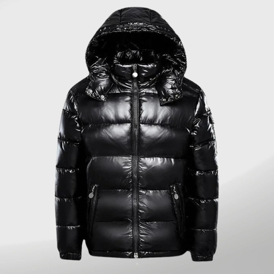 Winddichte Herren Pufferjacke | Gepolstert | Glänzend | Kapuze | Einfarbig-Schwarz-S-Luzern Mode