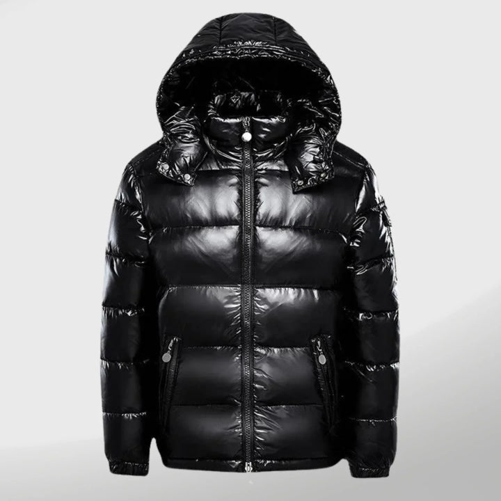 Winddichte Herren Pufferjacke | Gepolstert | Glänzend | Kapuze | Einfarbig-Schwarz-S-Luzern Mode