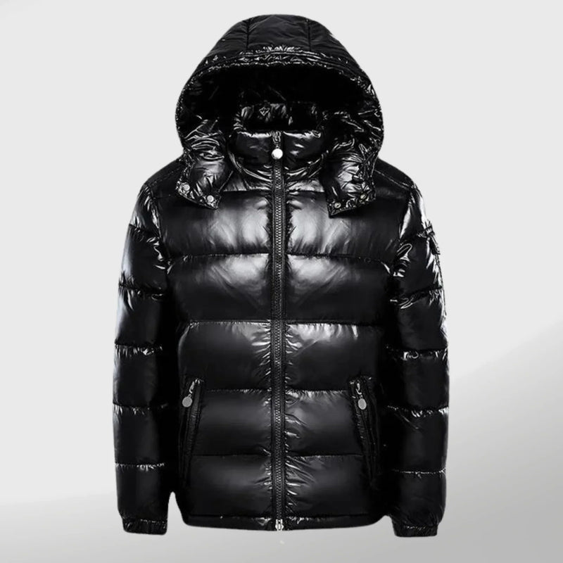Winddichte Herren Pufferjacke | Gepolstert | Glänzend | Kapuze | Einfarbig-Schwarz-S-Luzern Mode