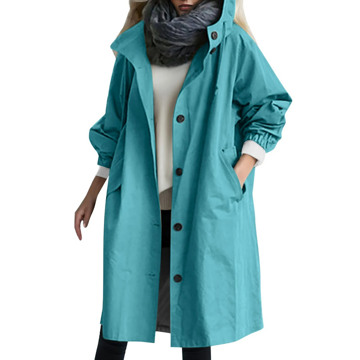 Damen Winddichter Trenchcoat mit Kapuze und Taschen-Blau-S-Luzern Mode