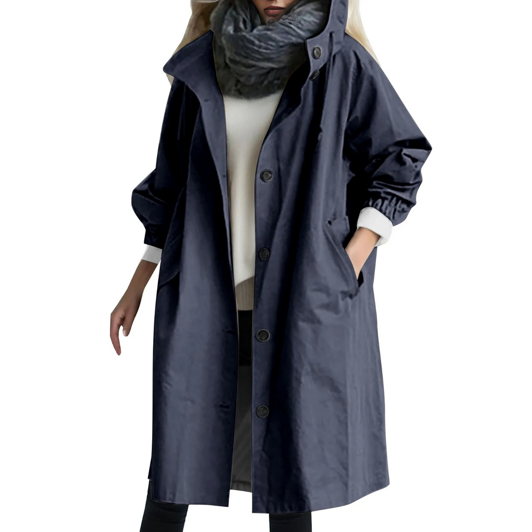 Damen Winddichter Trenchcoat mit Kapuze und Taschen-Dunkelblau-S-Luzern Mode