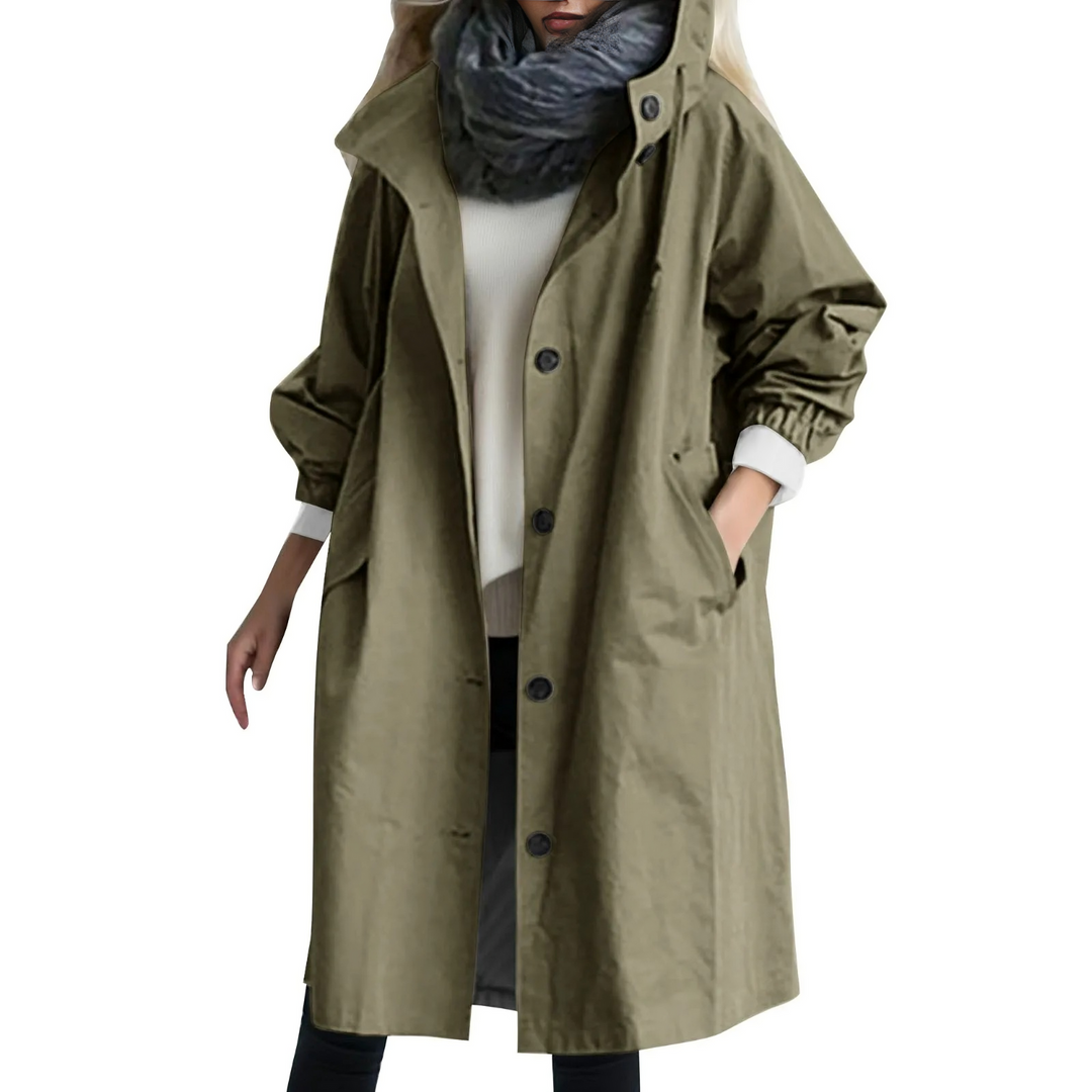 Damen Winddichter Trenchcoat mit Kapuze und Taschen-Grün-S-Luzern Mode