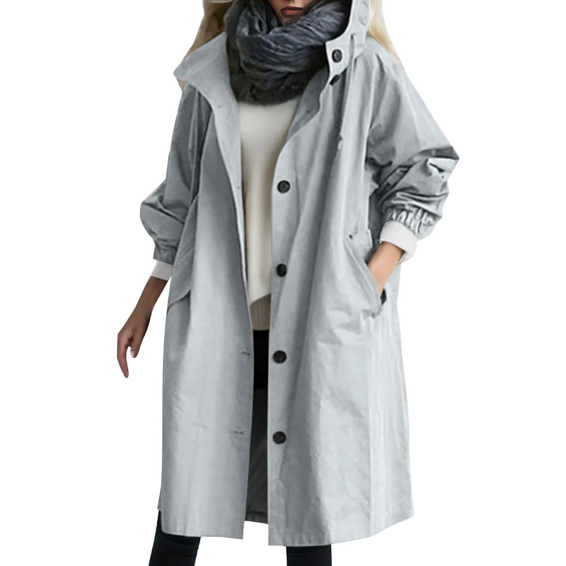 Damen Winddichter Trenchcoat mit Kapuze und Taschen-Hellgrau-S-Luzern Mode