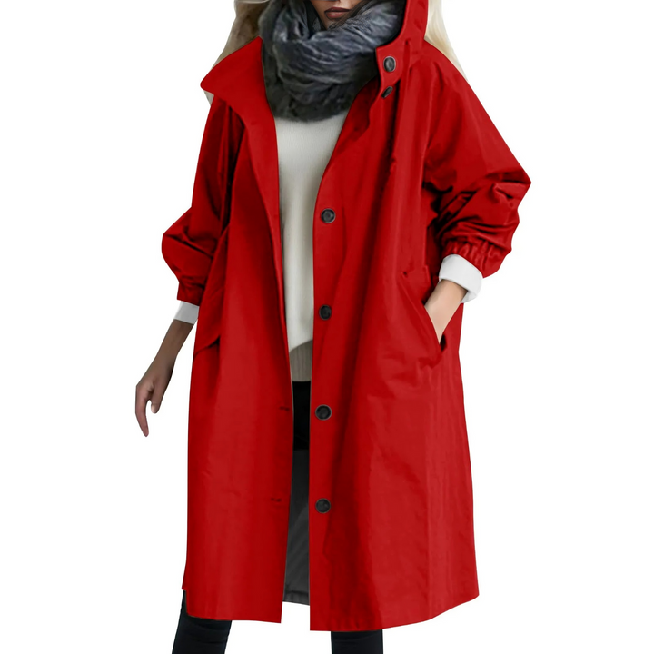 Damen Winddichter Trenchcoat mit Kapuze und Taschen-Rot-S-Luzern Mode