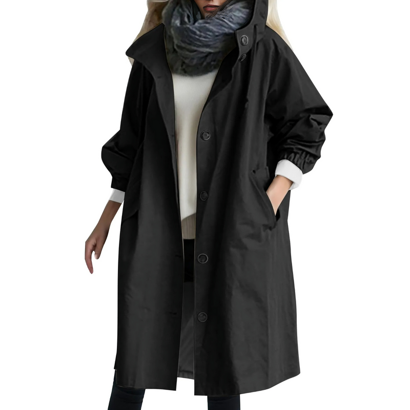 Damen Winddichter Trenchcoat mit Kapuze und Taschen-Schwarz-S-Luzern Mode
