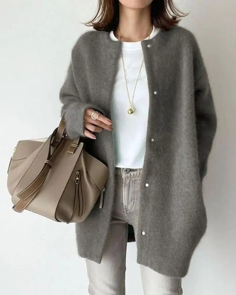 Damen Strickjacke mit Knöpfen - Eleganter Cardigan Look-Grau-S-Luzern Mode