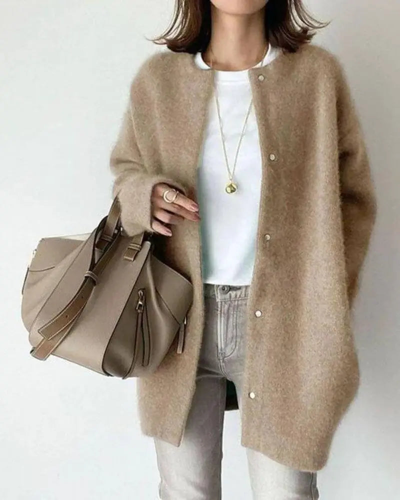 Damen Strickjacke mit Knöpfen - Eleganter Cardigan Look-Hellbraun-S-Luzern Mode