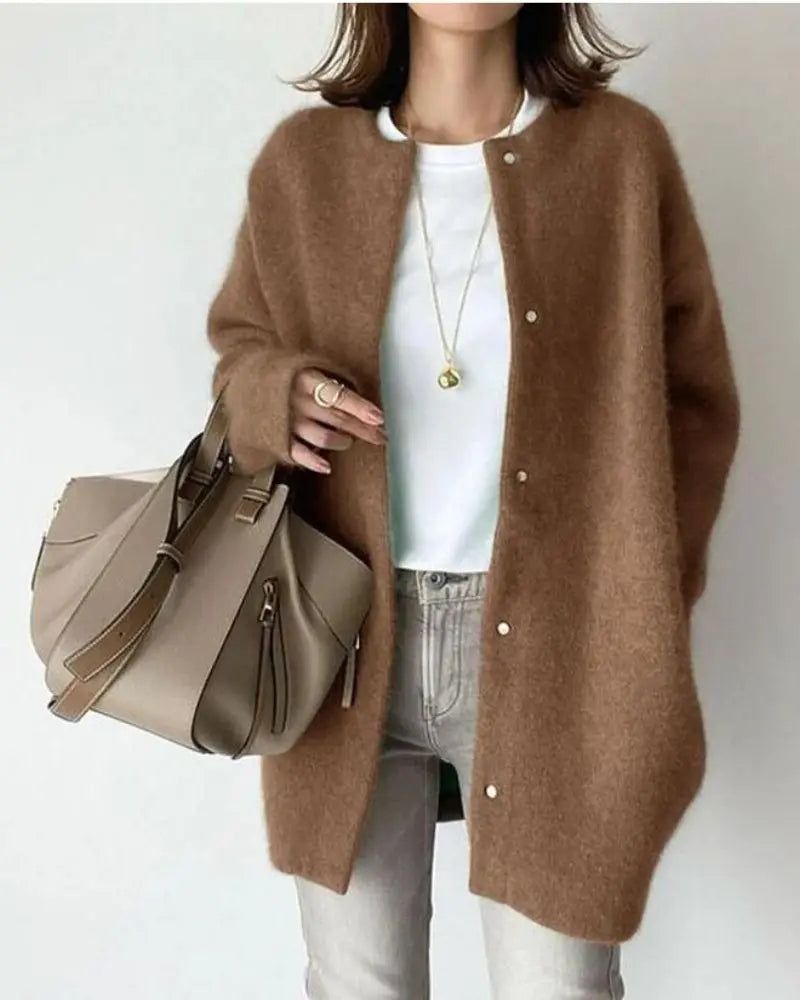 Damen Strickjacke mit Knöpfen - Eleganter Cardigan Look-Khaki-S-Luzern Mode