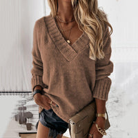 Damen Strickpullover V-Ausschnitt Herbstmode Elegant-Braun-S-Luzern Mode