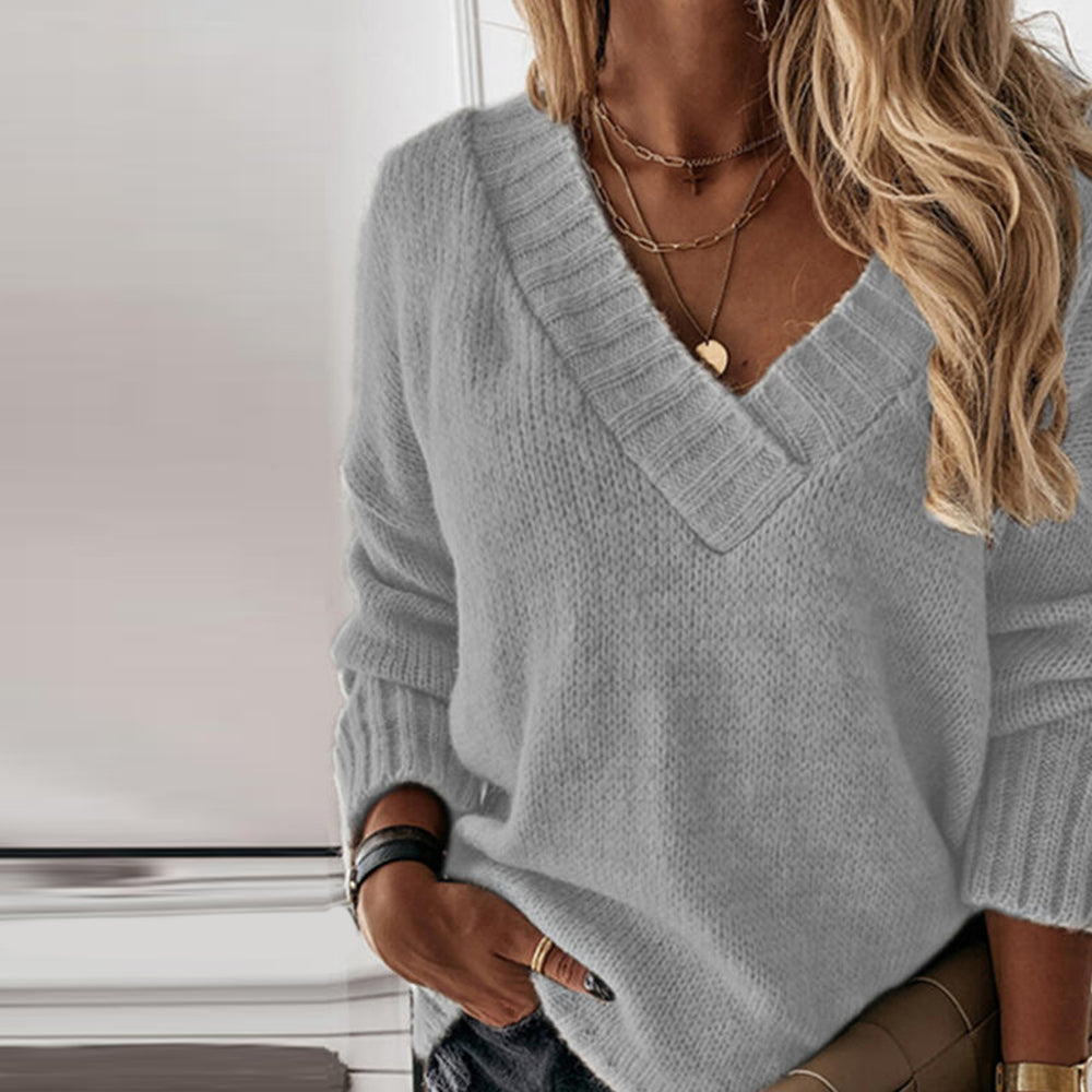 Damen Strickpullover V-Ausschnitt Herbstmode Elegant-Grau-S-Luzern Mode