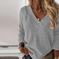 Damen Strickpullover V-Ausschnitt Herbstmode Elegant-Grau-S-Luzern Mode