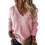 Damen Strickpullover V-Ausschnitt Herbstmode Elegant-Rosa-S-Luzern Mode