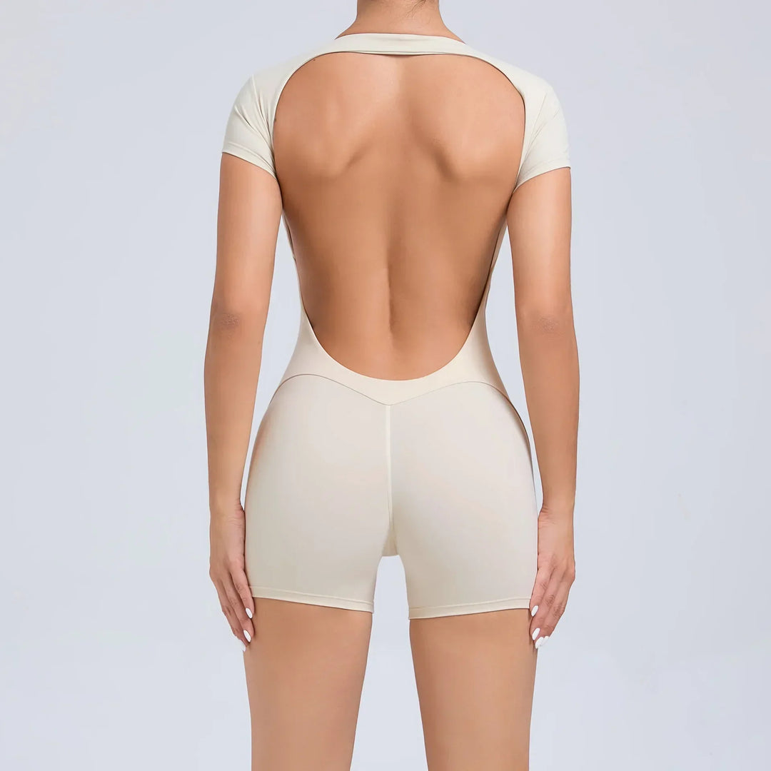 Damen Bodysuit mit Rückenausschnitt - Eleganter Einteiler-Beige Kurz-S-Luzern Mode