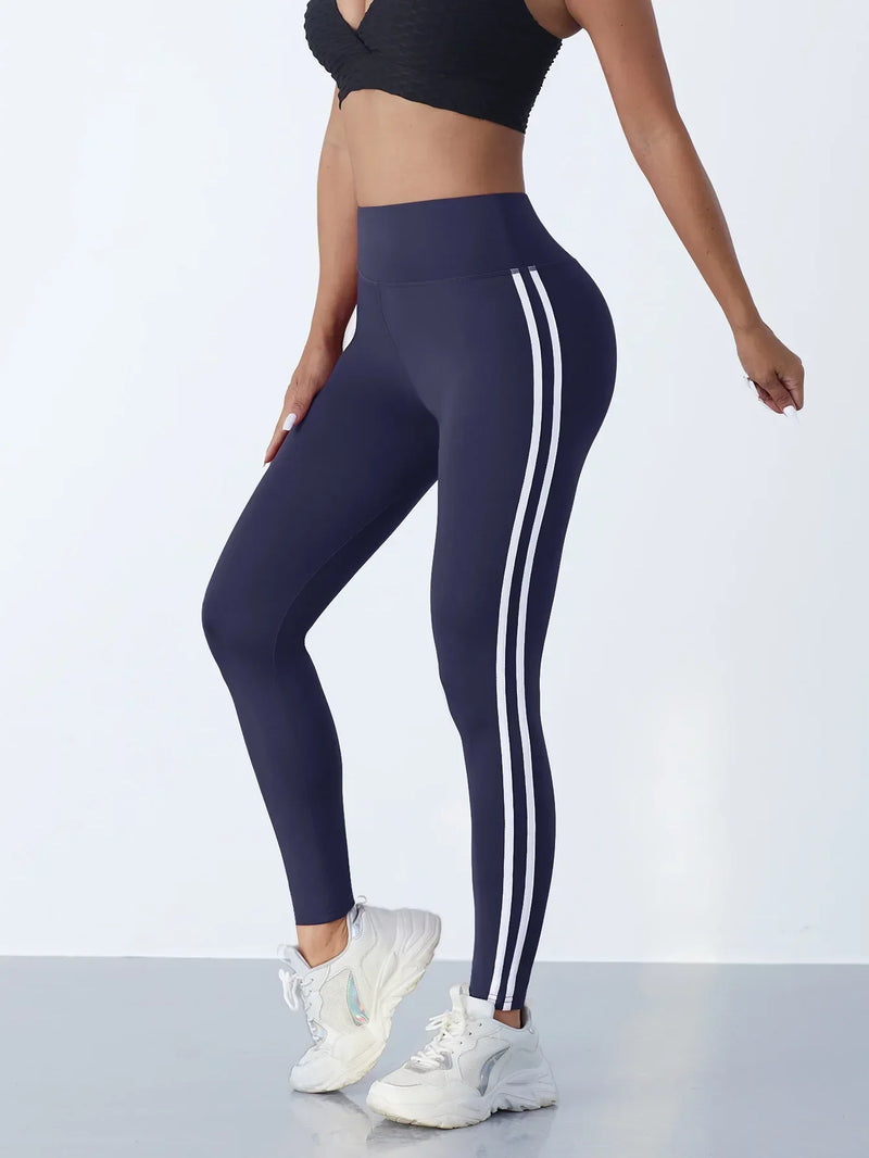 Damen Sport Leggings mit Streifen - Bequeme Fitnesshose-Blau-S-Luzern Mode
