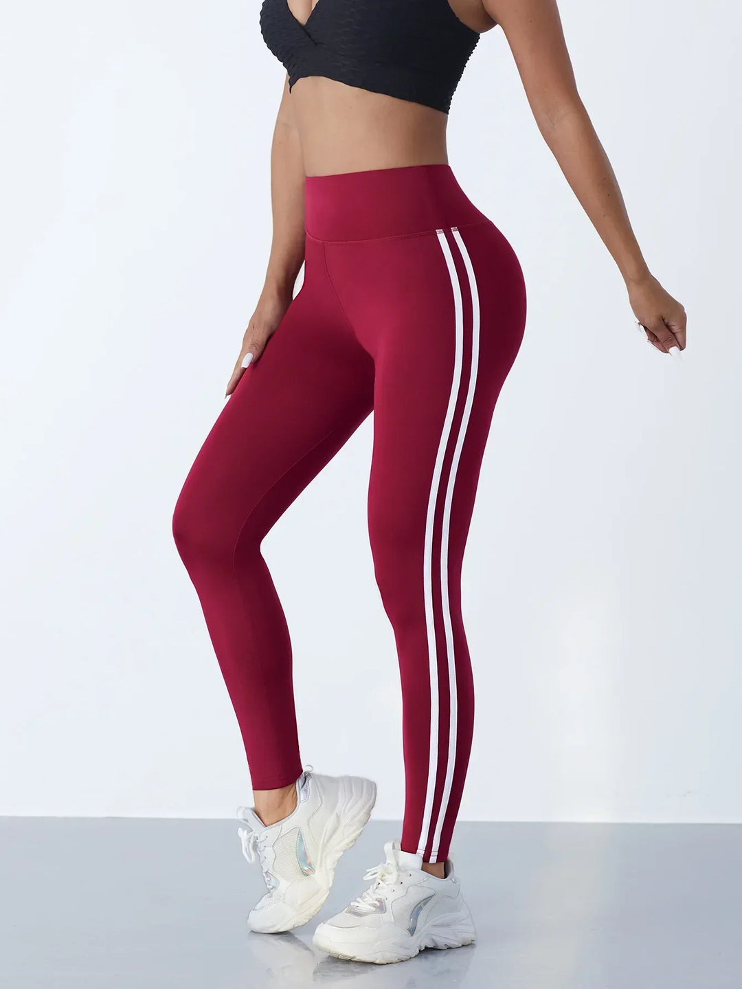 Damen Sport Leggings mit Streifen - Bequeme Fitnesshose-Bordeauxrot-S-Luzern Mode