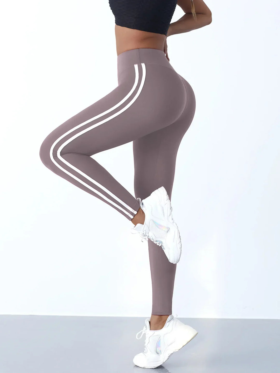 Damen Sport Leggings mit Streifen - Bequeme Fitnesshose-Grau-Weiß-S-Luzern Mode