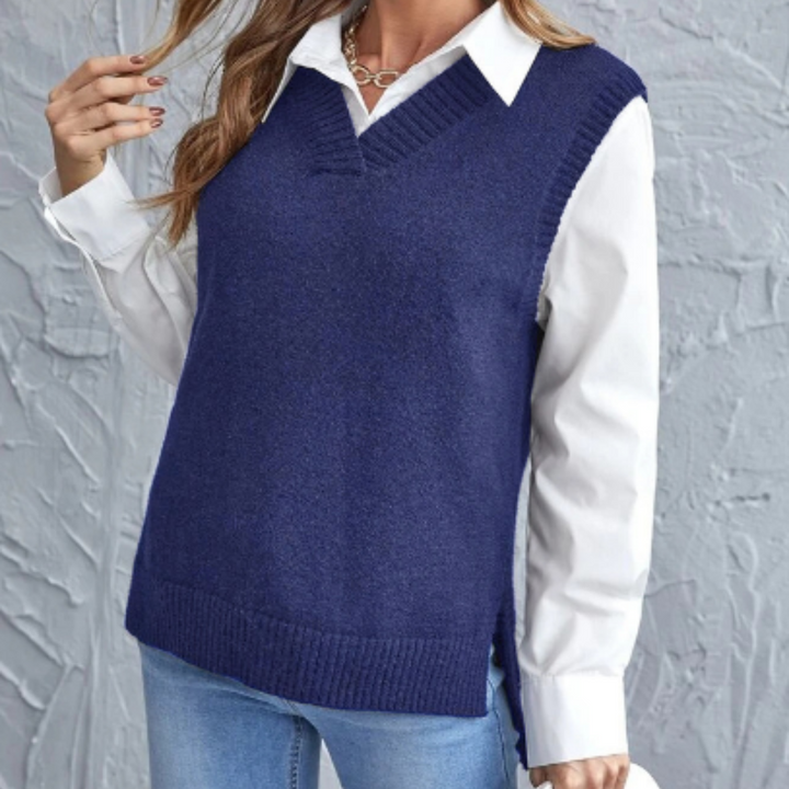 Damen Strickweste mit V-Ausschnitt über Hemd Outfit-Blau-S-Luzern Mode