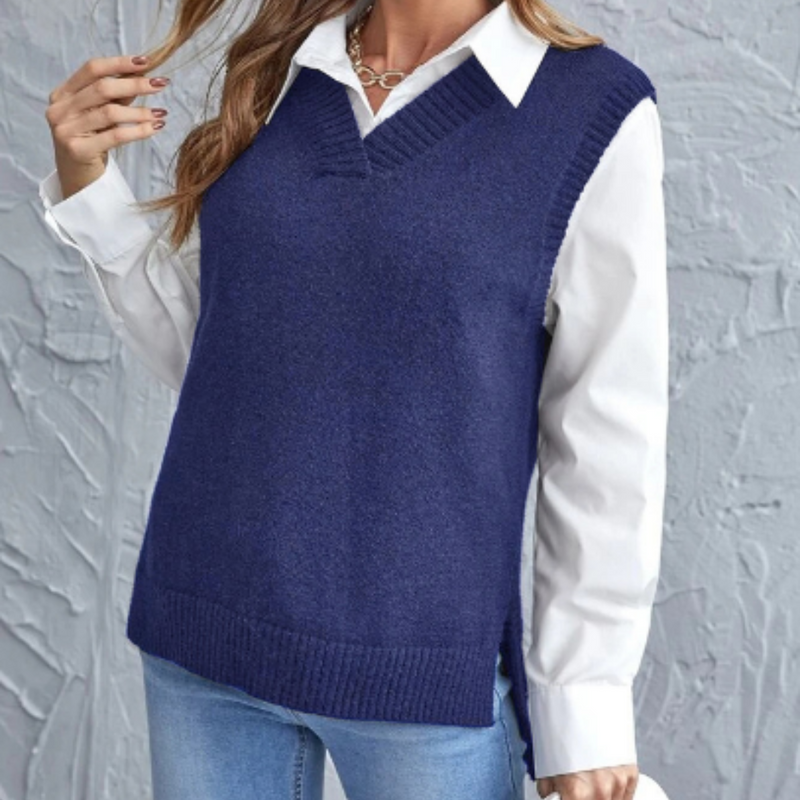 Damen Strickweste mit V-Ausschnitt über Hemd Outfit-Blau-S-Luzern Mode
