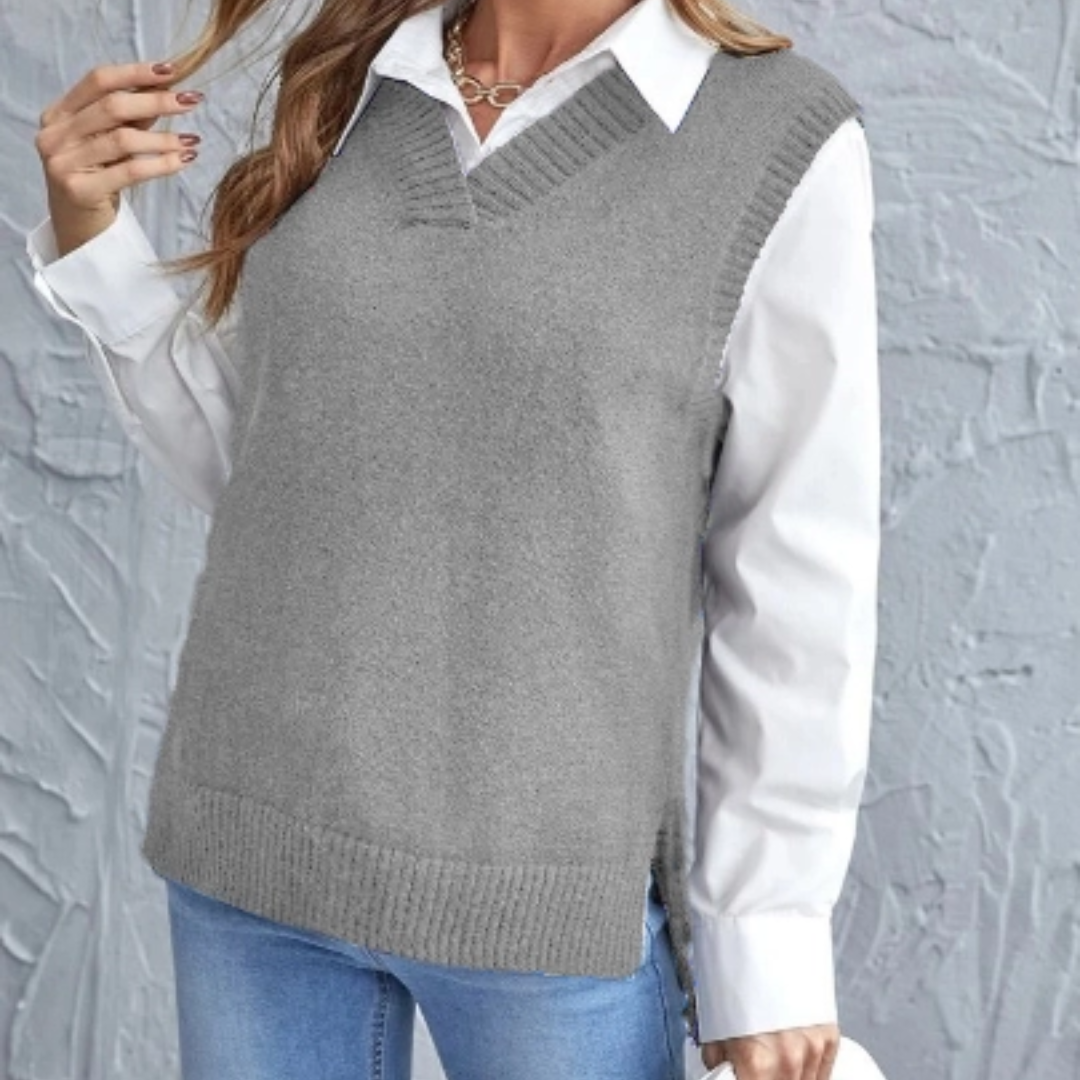 Damen Strickweste mit V-Ausschnitt über Hemd Outfit-Grau-S-Luzern Mode