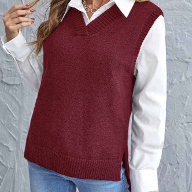 Damen Strickweste mit V-Ausschnitt über Hemd Outfit-Rot-S-Luzern Mode