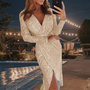 Elegantes Pailletten-Abendkleid mit V-Ausschnitt Damenmode-Weiß-S-Luzern Mode