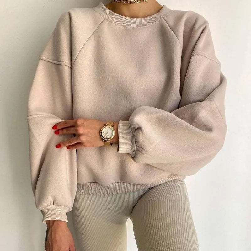 Damen Oversize Sweatshirt - Bequemes Freizeit Oberteil-Beige-S-Luzern Mode
