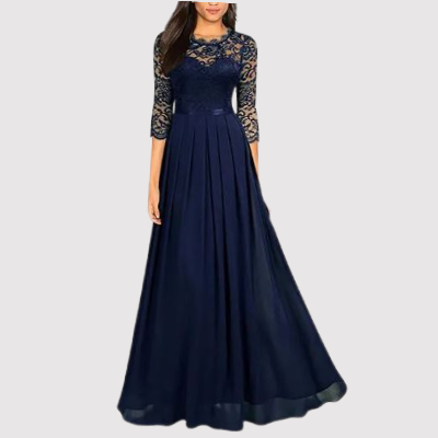 Damen Abendkleid Langarm Spitze Elegant Maxikleid-Blau-S-Luzern Mode
