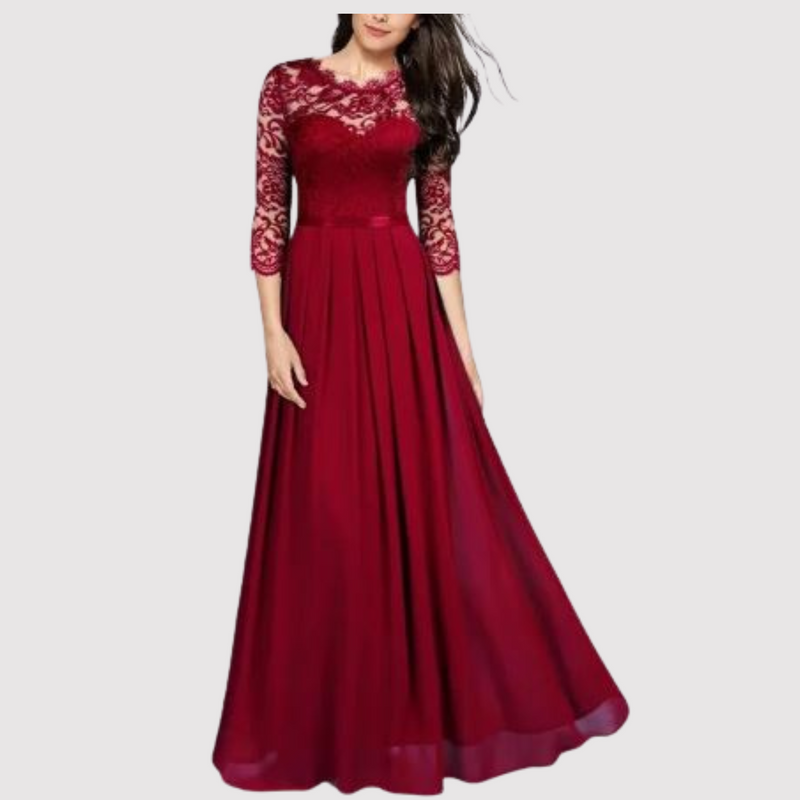 Damen Abendkleid Langarm Spitze Elegant Maxikleid-Rot-S-Luzern Mode