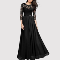 Damen Abendkleid Langarm Spitze Elegant Maxikleid-Schwarz-S-Luzern Mode