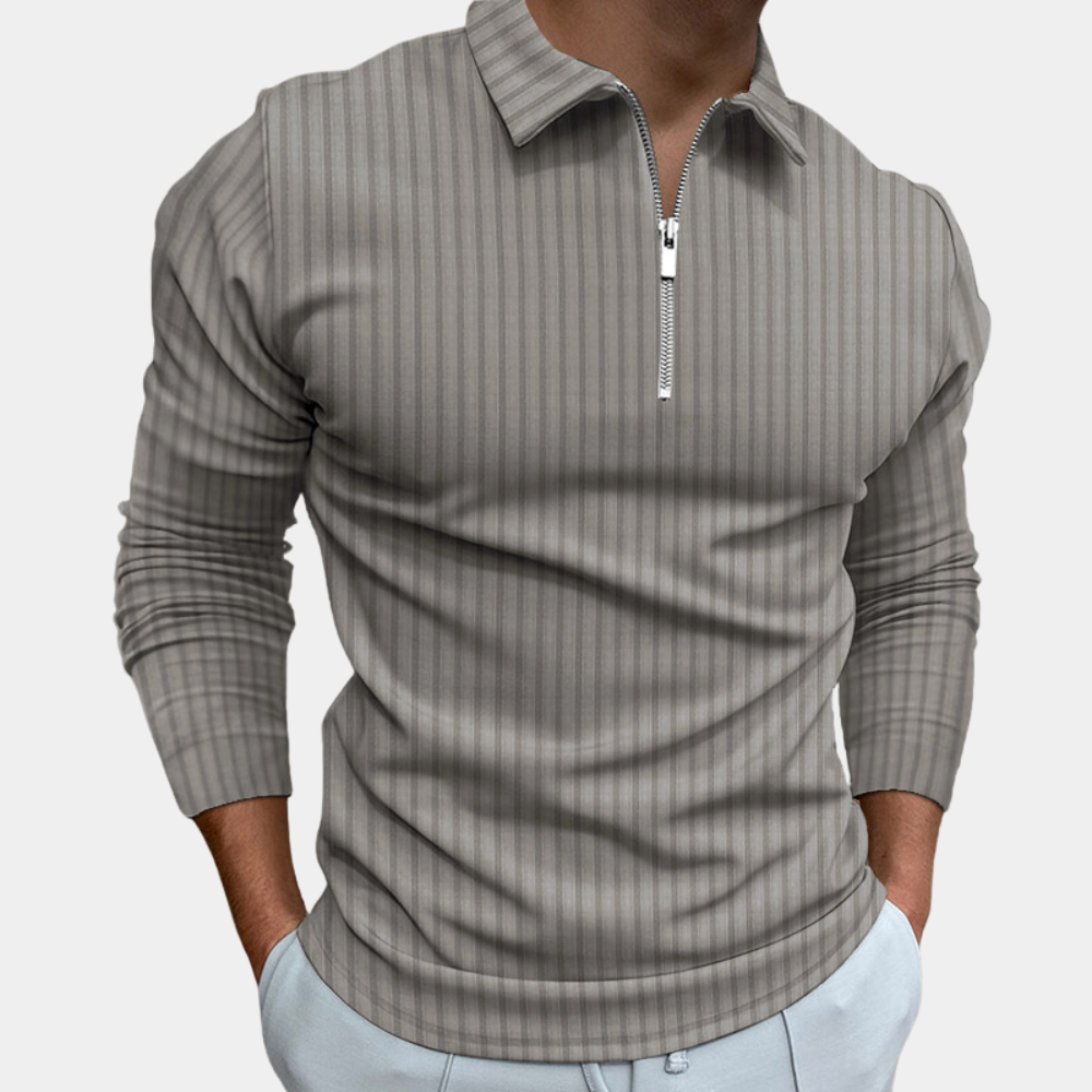 Herren Langarmshirt mit Reißverschluss und Streifenmuster-Grau-S-Luzern Mode