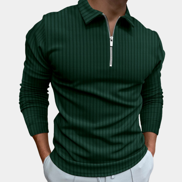 Herren Langarmshirt mit Reißverschluss und Streifenmuster-Grün-S-Luzern Mode