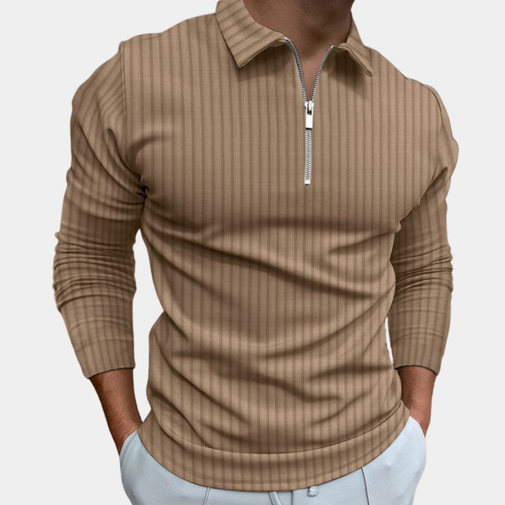 Herren Langarmshirt mit Reißverschluss und Streifenmuster-Khaki-S-Luzern Mode