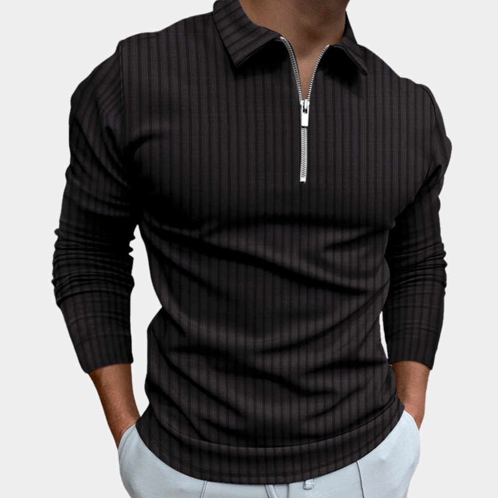Herren Langarmshirt mit Reißverschluss und Streifenmuster-Schwarz-S-Luzern Mode