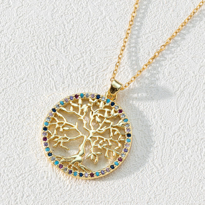 Halskette für Damen | Lebensbaum | Sterling Silber | Zirkonia-Runde Bunte Zirkonia und Lebensbaum-Luzern Mode
