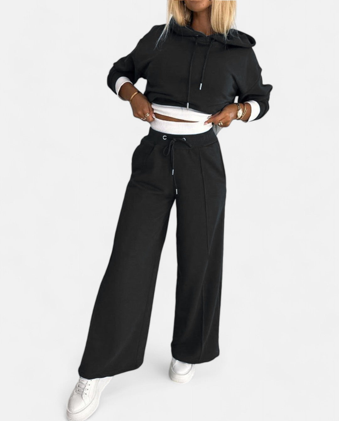 Damen Jogginganzug Kapuzenpullover Set Freizeitmode-Schwarz-S-Luzern Mode