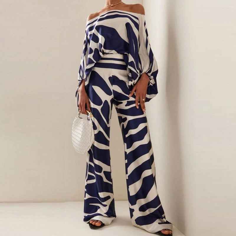 Damen Kleidungsset | Satin | Lange Ärmel | 2-teilig | Off-Shoulder-Blau-S-Luzern Mode
