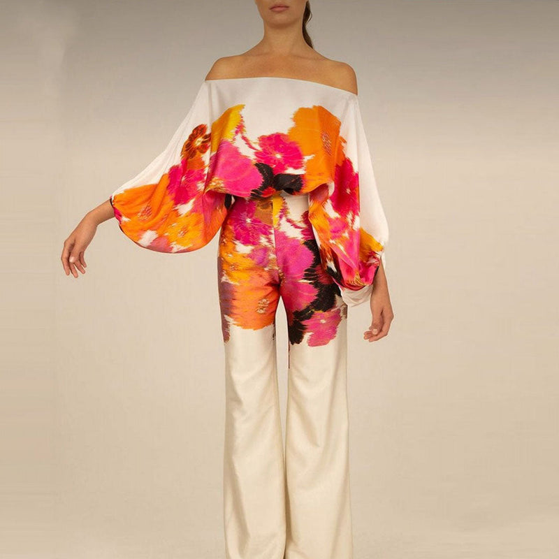 Damen Kleidungsset | Satin | Lange Ärmel | 2-teilig | Off-Shoulder-Orange-S-Luzern Mode