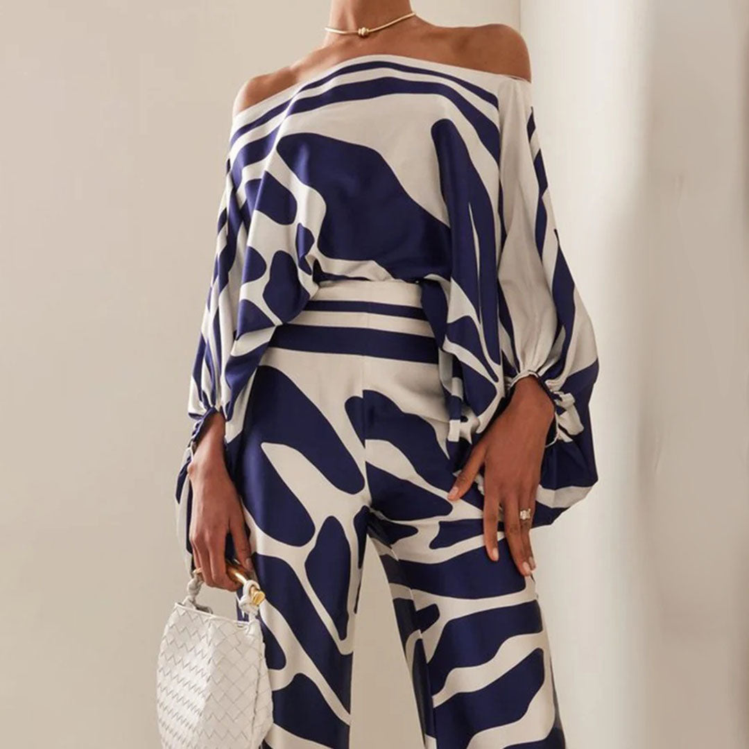 Damen Kleidungsset | Satin | Lange Ärmel | 2-teilig | Off-Shoulder-Luzern Mode
