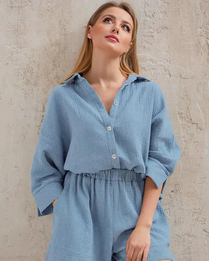 Sommer Set Damen zweiteilig | strukturiertes Material | Shorts | Oberteil | luftig-Blau-S-Luzern Mode