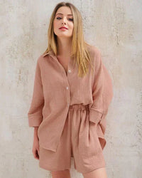 Sommer Set Damen zweiteilig | strukturiertes Material | Shorts | Oberteil | luftig-Braun-S-Luzern Mode