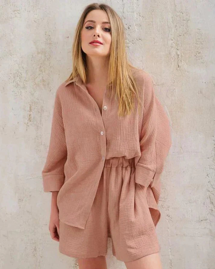 Sommer Set Damen zweiteilig | strukturiertes Material | Shorts | Oberteil | luftig-Braun-S-Luzern Mode