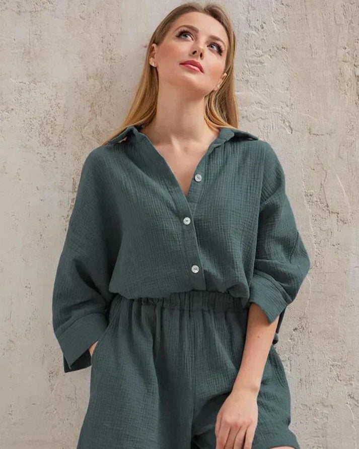 Sommer Set Damen zweiteilig | strukturiertes Material | Shorts | Oberteil | luftig-Grün-S-Luzern Mode