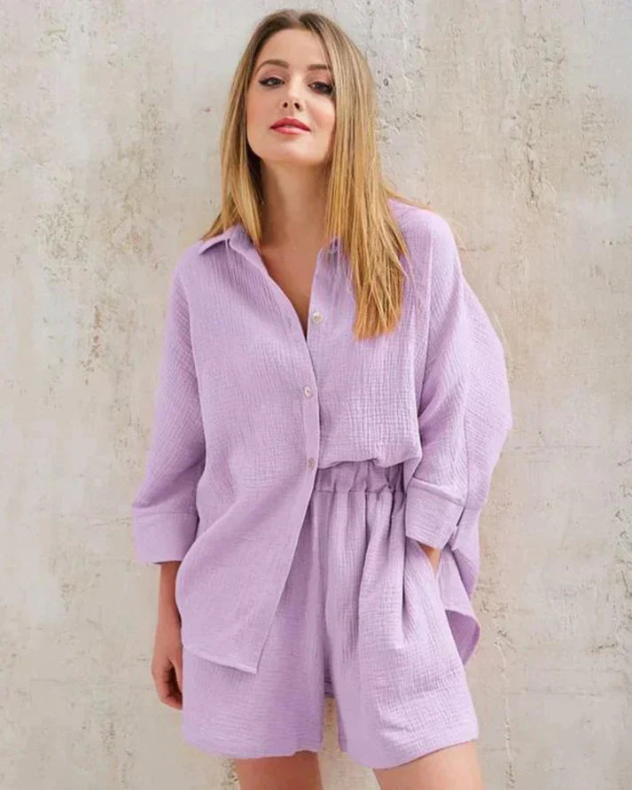 Sommer Set Damen zweiteilig | strukturiertes Material | Shorts | Oberteil | luftig-Lila-S-Luzern Mode