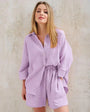 Sommer Set Damen zweiteilig | strukturiertes Material | Shorts | Oberteil | luftig-Lila-S-Luzern Mode