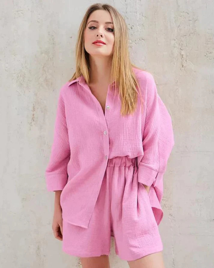 Sommer Set Damen zweiteilig | strukturiertes Material | Shorts | Oberteil | luftig-Rosa-S-Luzern Mode