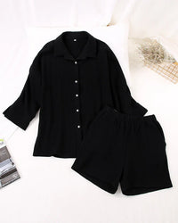 Sommer Set Damen zweiteilig | strukturiertes Material | Shorts | Oberteil | luftig-Schwarz-S-Luzern Mode