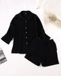 Sommer Set Damen zweiteilig | strukturiertes Material | Shorts | Oberteil | luftig-Schwarz-S-Luzern Mode